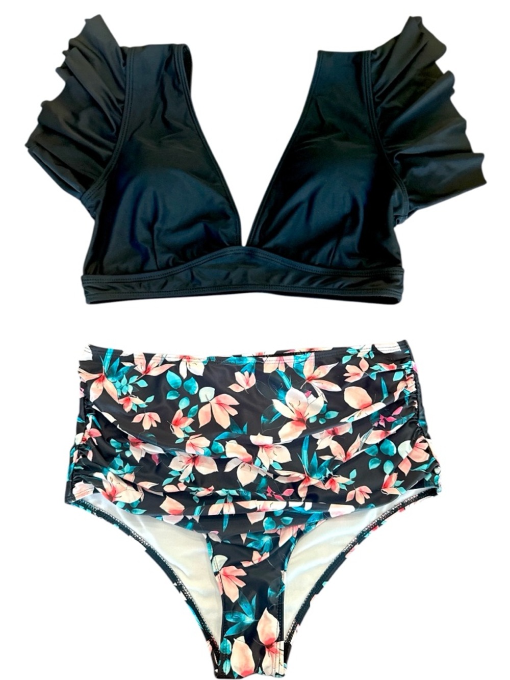 Black Ruffle Sleeve Bikini Set High Waisted Floral Bottoms Two Piece Large